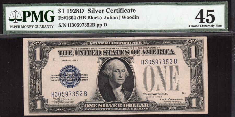Fr.1604, 1928D $1 Silver Certificate, Choice Extremely Fine, PMG-45